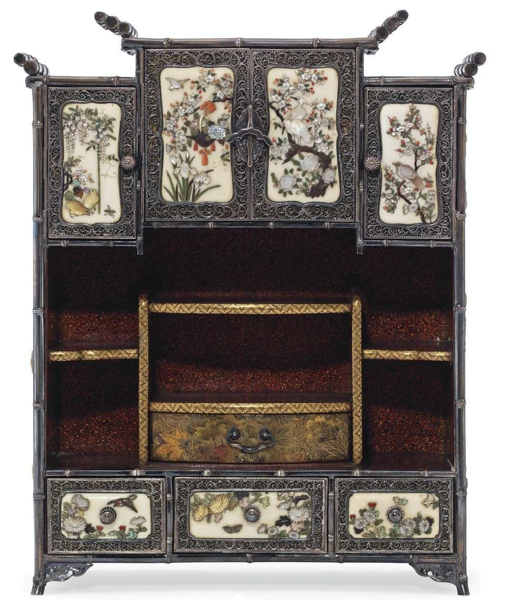 Large Antique Meji Period Japanese Shibayama Cabinet Museum 